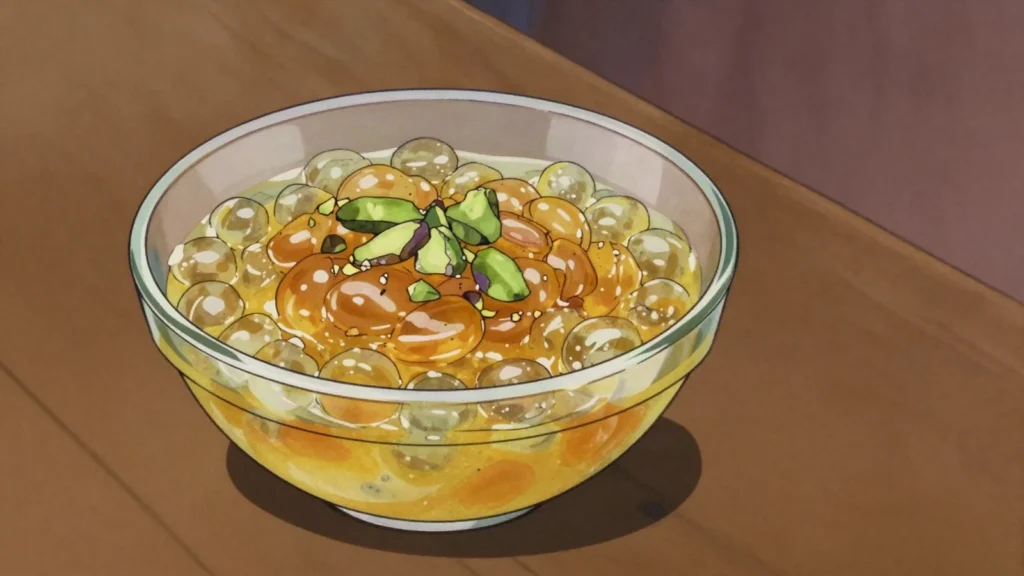 Sagu, sago pearl pudding with saffron, cardamom and rosewater, United Arab Emirates dessert, anime style