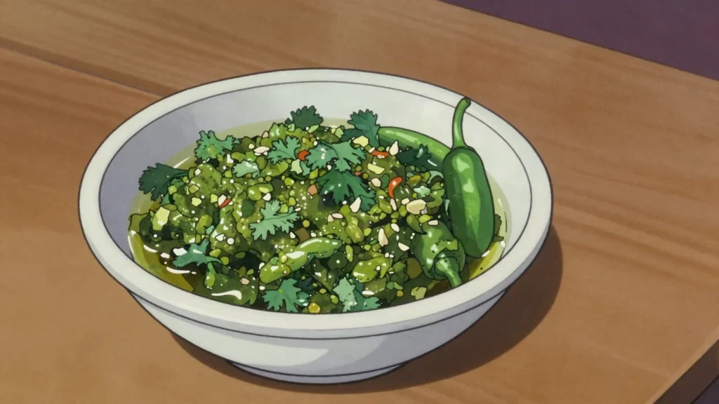 Sahawiq, fresh green chili-tomato relish, ancestor of zhug, Yemen sauce & condiment, anime style