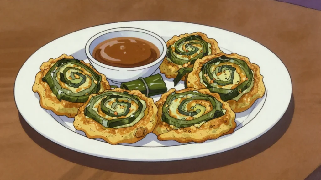 Saheena, split-pea batter layered with dasheen leaves, fried in slices, Trinidad and Tobago snack, anime style