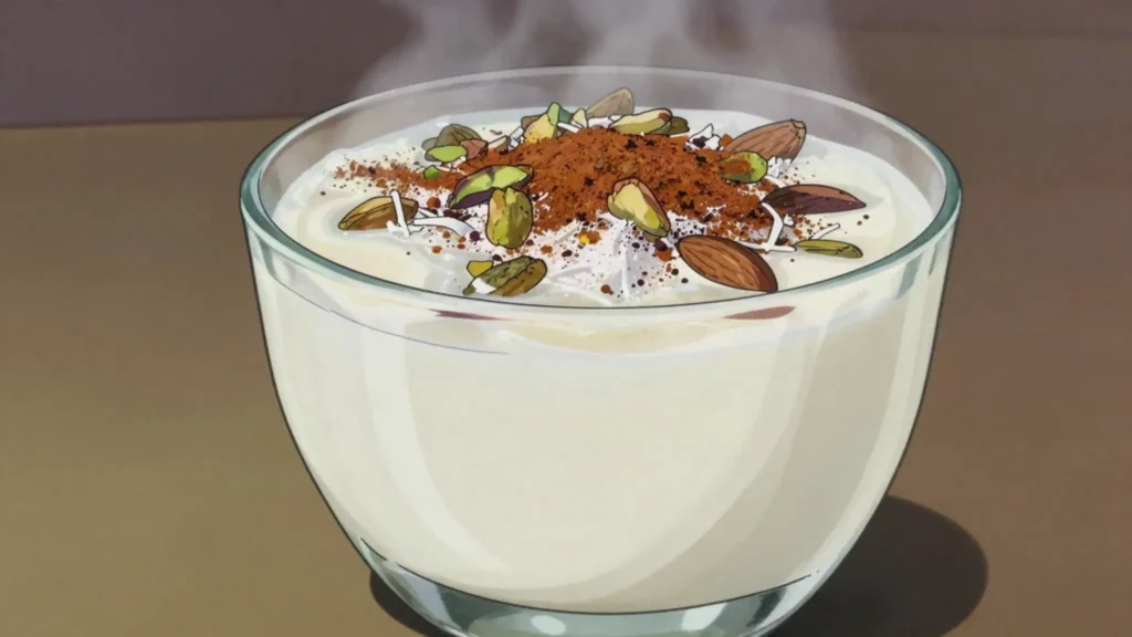 Sahlab, warm thickened milk drink topped with cinnamon, coconut and nuts, Egypt drink, anime style