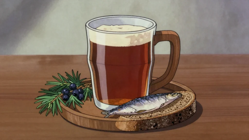 Sahti, cloudy unhopped farmhouse ale flavoured with juniper, sweet and banana-like, Finland wine & spirit, anime style