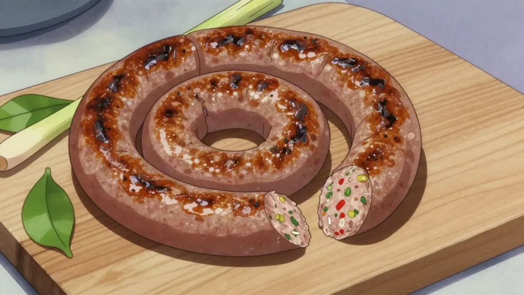 Sai Oua, coarse pork sausage perfumed with lemongrass, galangal and kaffir lime, Laos snack, anime style