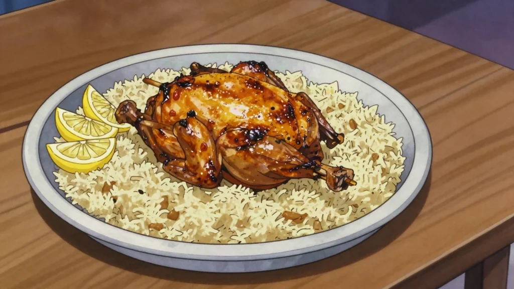 Sajji, balochi whole chicken or lamb roasted on skewers, served over rice, Pakistan main, anime style