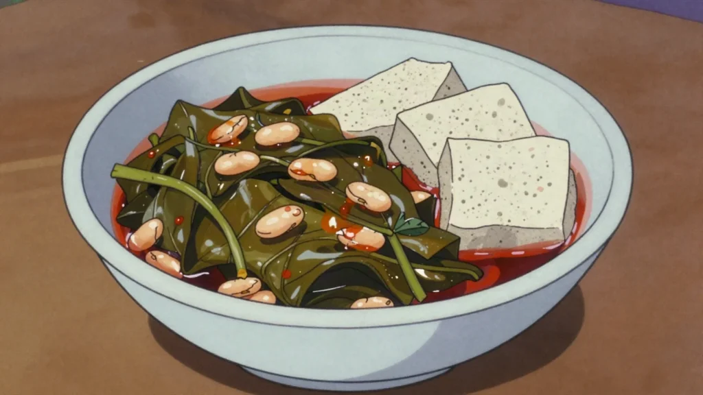 Saka madesu, cassava leaves stewed with beans and palm oil, eaten with, Republic of the Congo soup & stew, anime style
