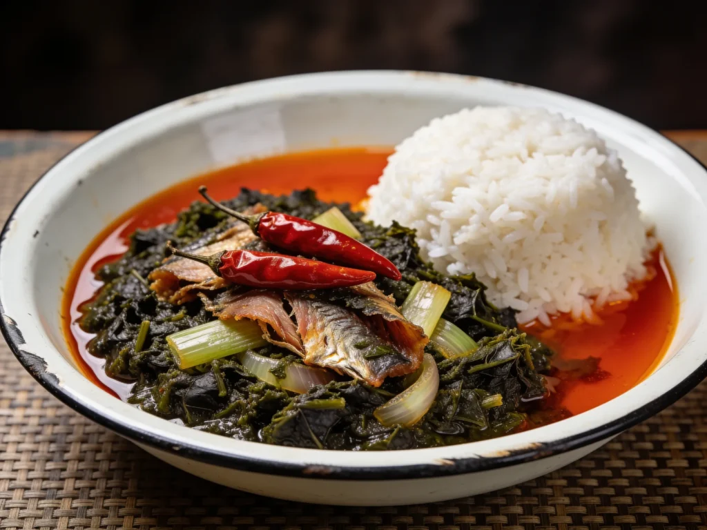 Saka saka, pounded cassava leaves cooked with palm oil, peanut and smoked, Republic of the Congo soup & stew, anime style