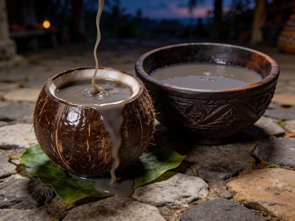 Sakau, pohnpei's ceremonial kava, pounded on stones and strained through hibiscus bast, Micronesia drink