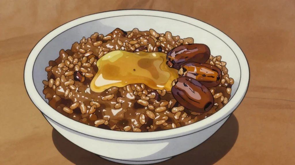 Sakhana, wheat porridge cooked with dates and butter, eaten during Ramadan, Oman soup & stew, anime style