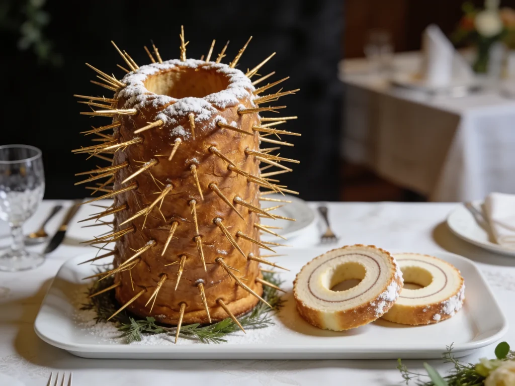 Šakotis, spiky spit-baked 'tree cake' for weddings and celebrations, Lithuania dessert, anime style