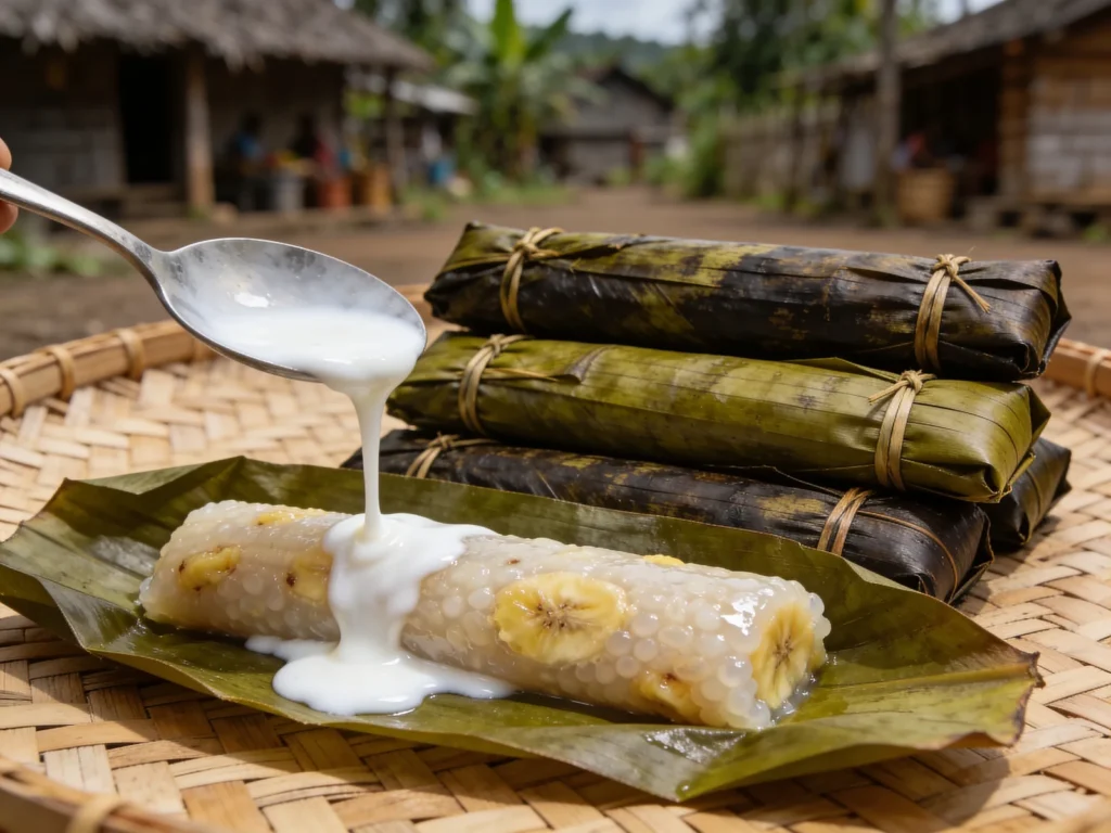 Saksak, sago and banana dumplings steamed in banana leaves with coconut cream, Papua New Guinea dessert, anime style