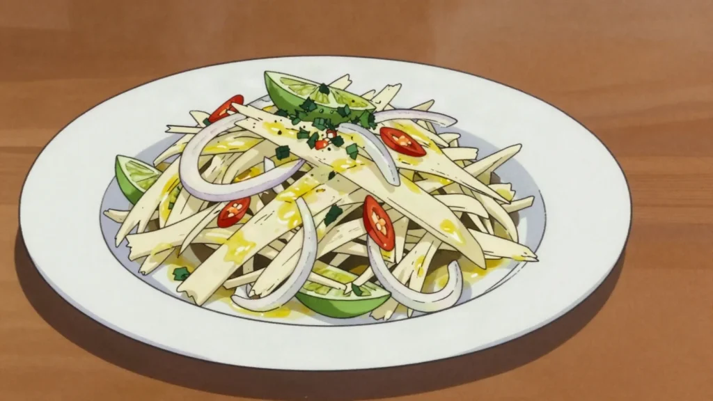 Salad palmis, raw heart of palm shredded fine with lime, known as millionaire's salad, Seychelles salad & side, anime style
