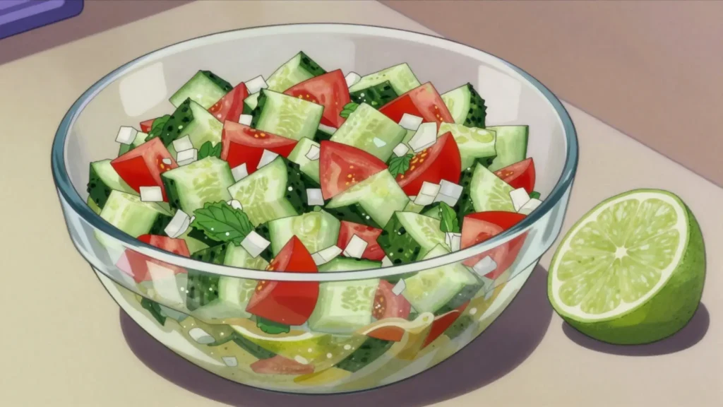 Salad Shirazi, diced cucumber, tomato and onion in lime-mint dressing, Iran salad & side, anime style