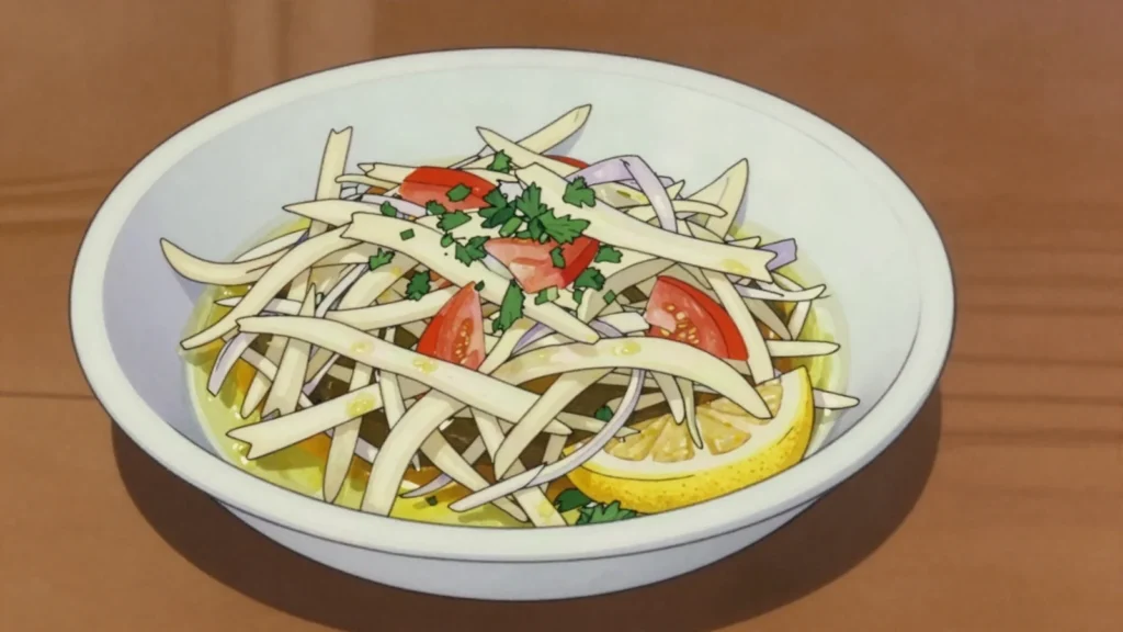 Salade de palmiste, shredded raw heart of palm dressed with lemon, called millionaire's, Mauritius salad & side, anime style