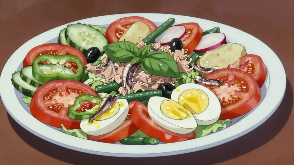 Salade niçoise, tuna, anchovies, olives, green beans, egg, tomato salad, France salad & side, anime style