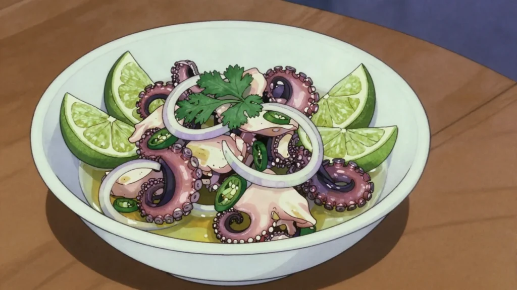 Salade ourite, octopus salad with lime, chili and onion, Mauritius salad & side, anime style