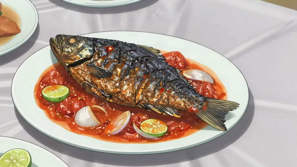 Salanga, sun-dried fish fried or sauced with chili and lime; everyday favourite, Chad main, anime style