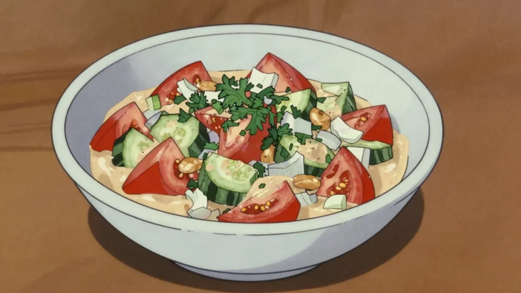 Salata dakwa, tomato, cucumber and onion dressed in peanut-butter lime sauce, Sudan salad & side, anime style