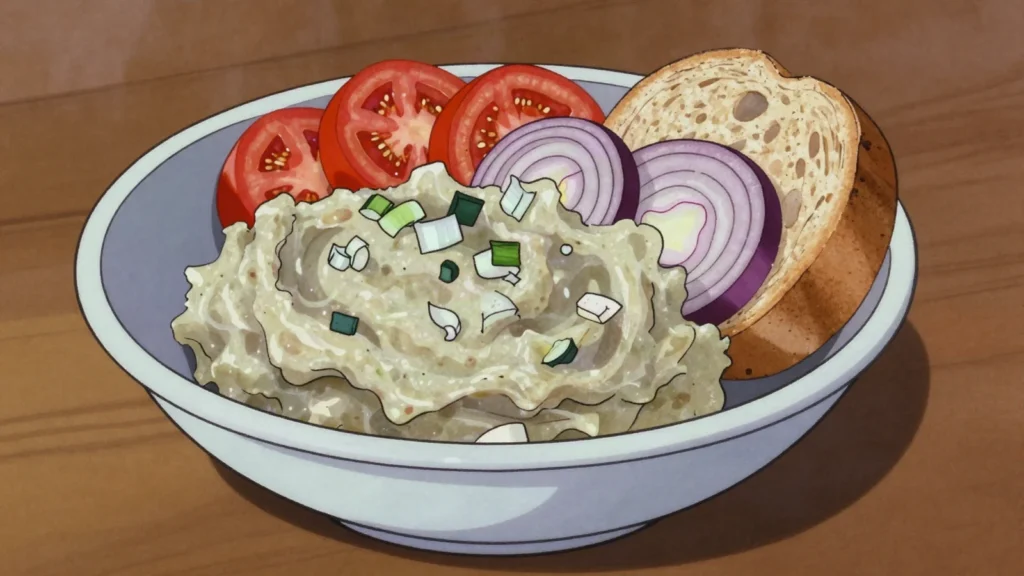 Salată de vinete, smoky mashed eggplant salad with onion, Romania salad & side, anime style
