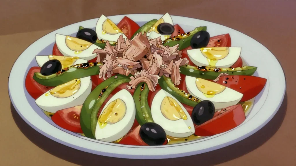 Salata mashwiya, grilled peppers and tomatoes chopped with olives, egg and tuna, Libya salad & side, anime style