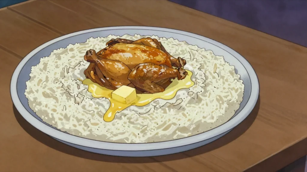 Saleeg, hejazi milky rice porridge served under broth-roasted chicken, Saudi Arabia main, anime style