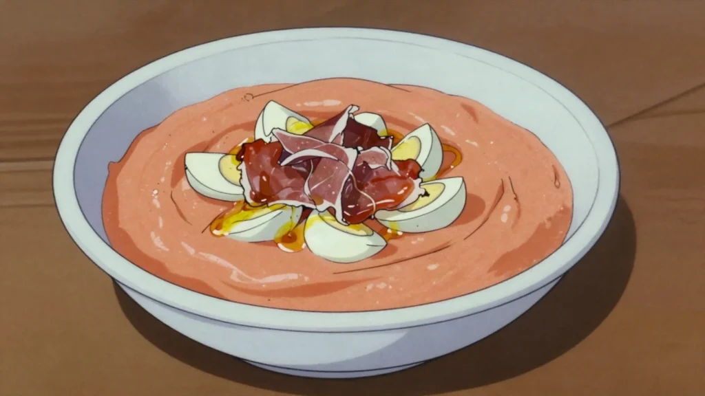 Salmorejo, thick cold tomato-bread cream topped with egg, ham, Spain soup & stew, anime style