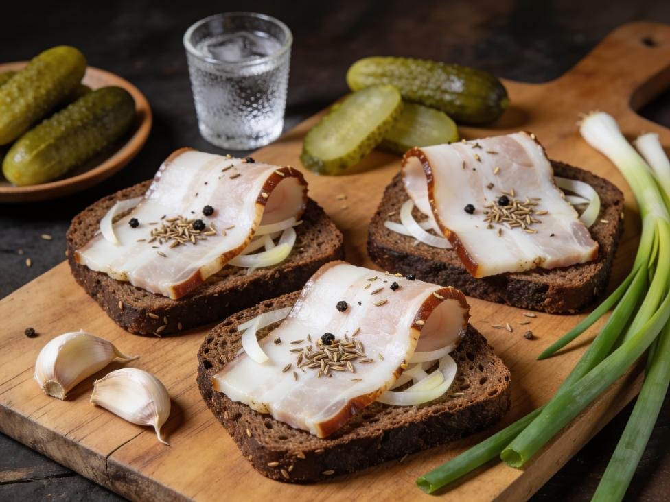 Salo, cured pork fatback with garlic, rye bread, horilka, Ukraine charcuterie & cured