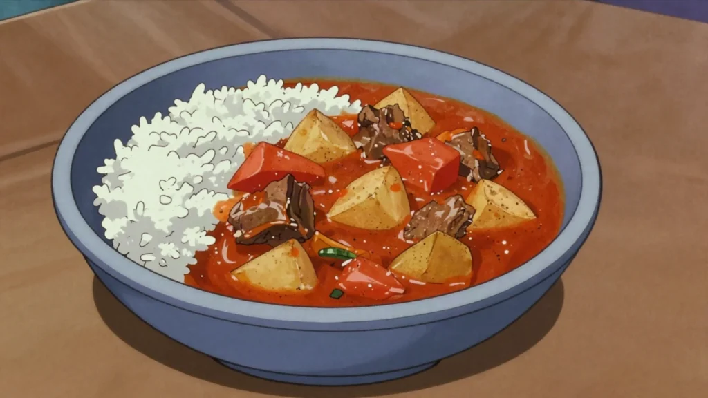 Salona, everyday spiced tomato stew of meat or fish, United Arab Emirates soup & stew, anime style