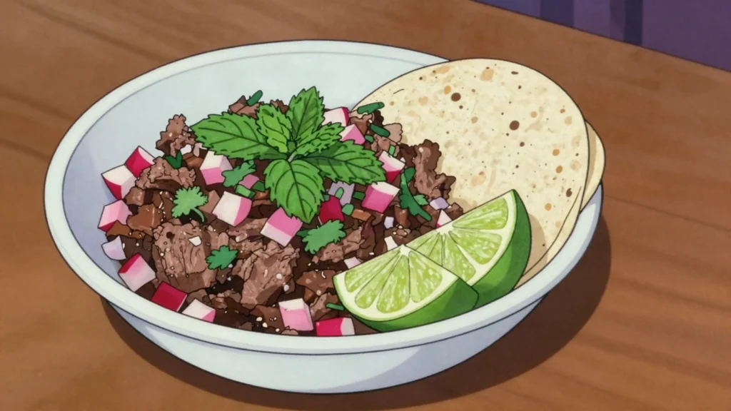 Salpicón, minced beef tossed with radish, mint, onion and lime, El Salvador salad & side, anime style