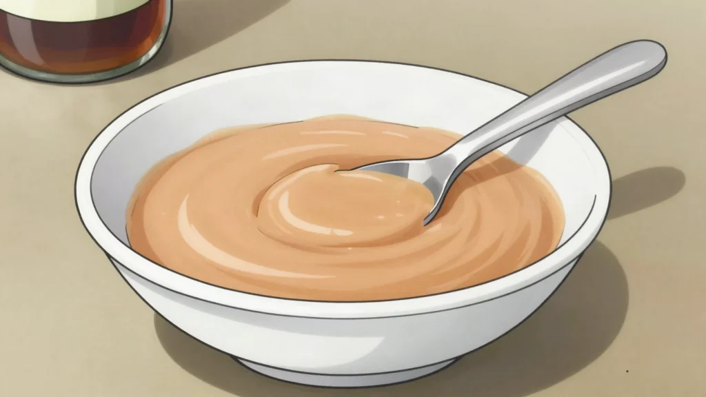 Salsa Lizano, thin tangy brown sauce splashed on gallo pinto and casados, Costa Rica sauce & condiment, anime style