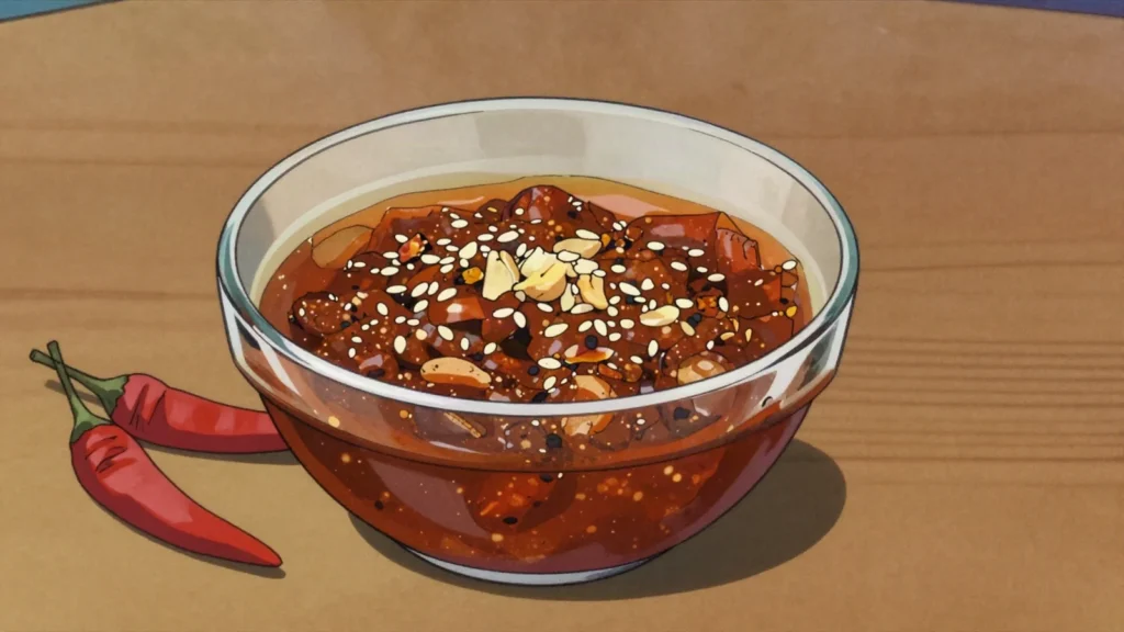 Salsa macha, chunky chili oil with dried chiles, peanuts and sesame, spooned on, Mexico sauce & condiment, anime style