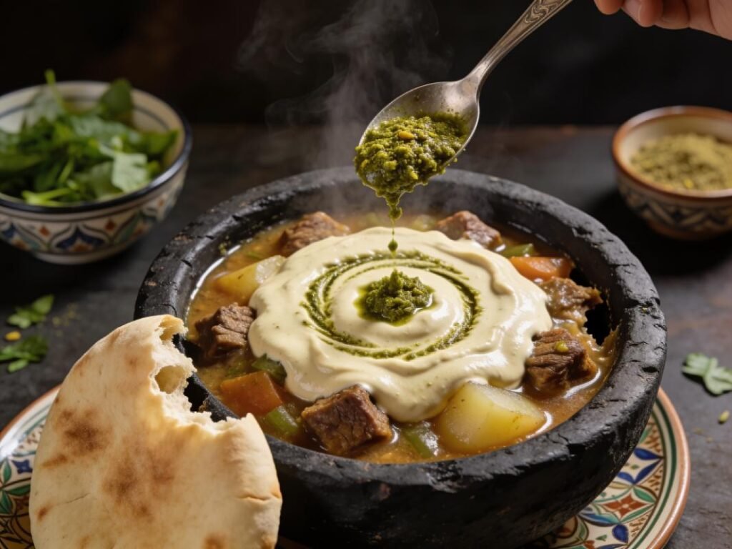 Saltah, bubbling meat stew topped with whipped fenugreek froth; national lunch, Yemen soup & stew