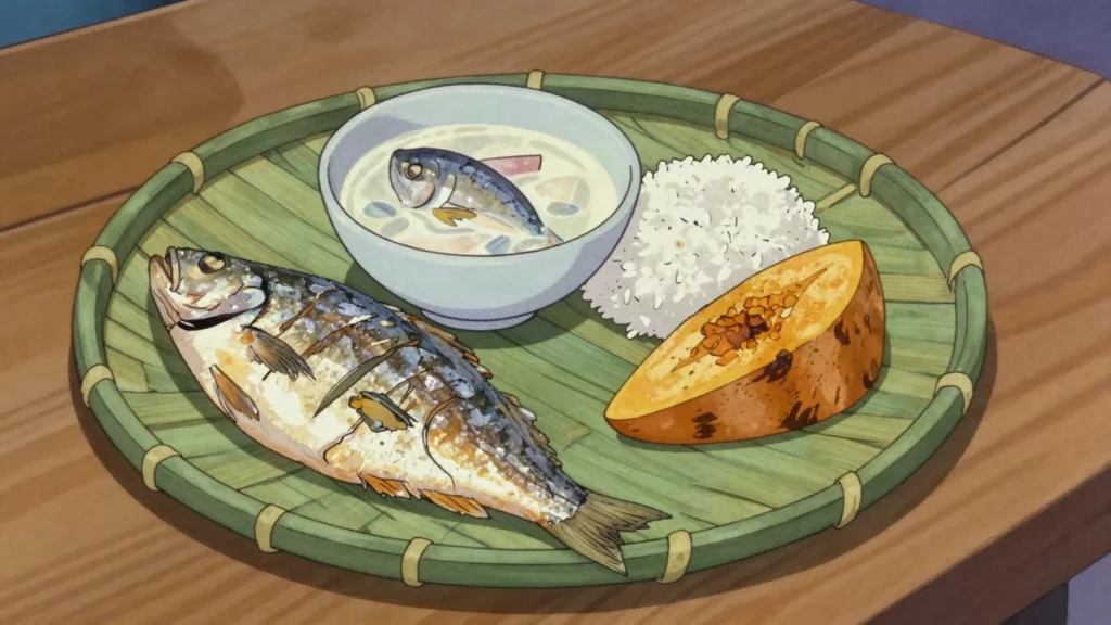 Salted Dried Fish, reef fish split, salted and sun-dried on racks, Marshall Islands charcuterie & cured, anime style