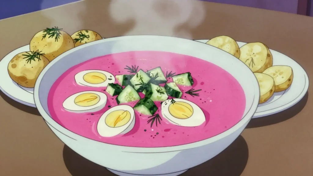 Šaltibarščiai, shocking-pink cold beet-kefir soup with hot potatoes, Lithuania soup & stew, anime style