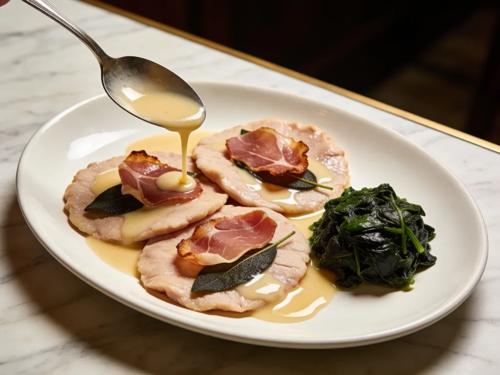 Saltimbocca alla romana, veal with prosciutto and sage in white wine, Vatican City main, anime style