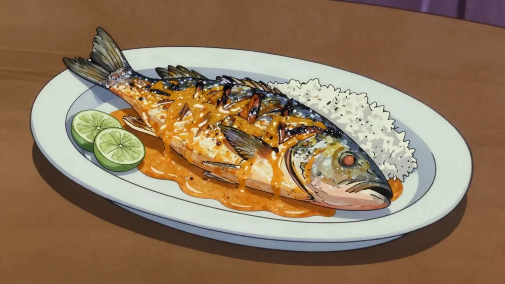 Samaki wa kupaka, grilled fish basted in spiced coconut sauce, Tanzania main, anime style