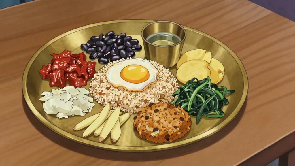 Samay Baji, ritual Newari platter of beaten rice, buffalo, egg, soybeans, ginger and local spirit, Nepal main, anime style