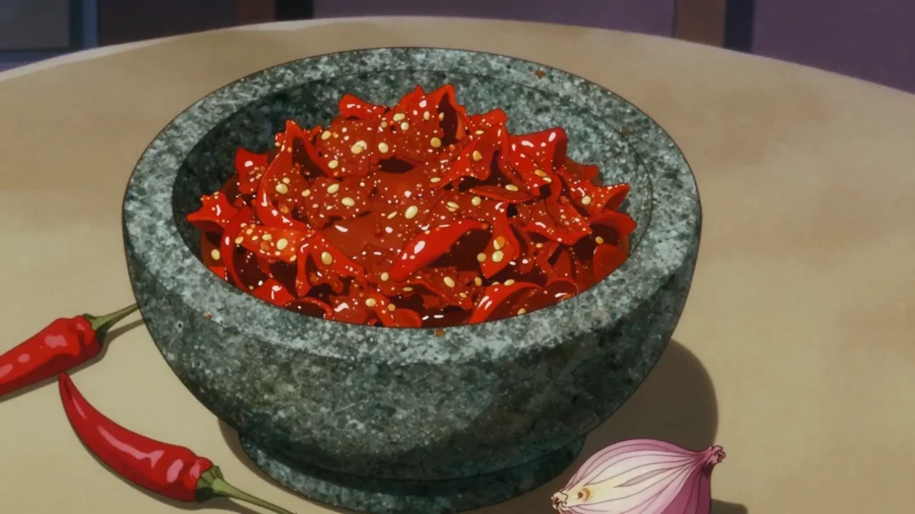 Sambal, chili relishes pounded fresh; hundreds of regional variations, Indonesia sauce & condiment, anime style