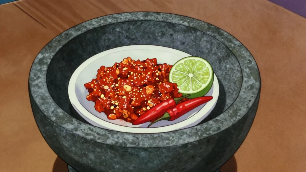 Sambal Belacan, pounded chili and toasted shrimp-paste relish with lime, Malaysia sauce & condiment, anime style