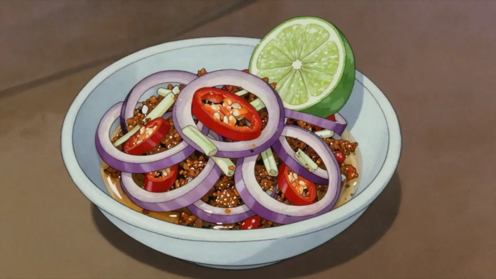 Sambal Matah, raw Balinese relish of sliced shallot, lemongrass, chilli and, Indonesia sauce & condiment, anime style