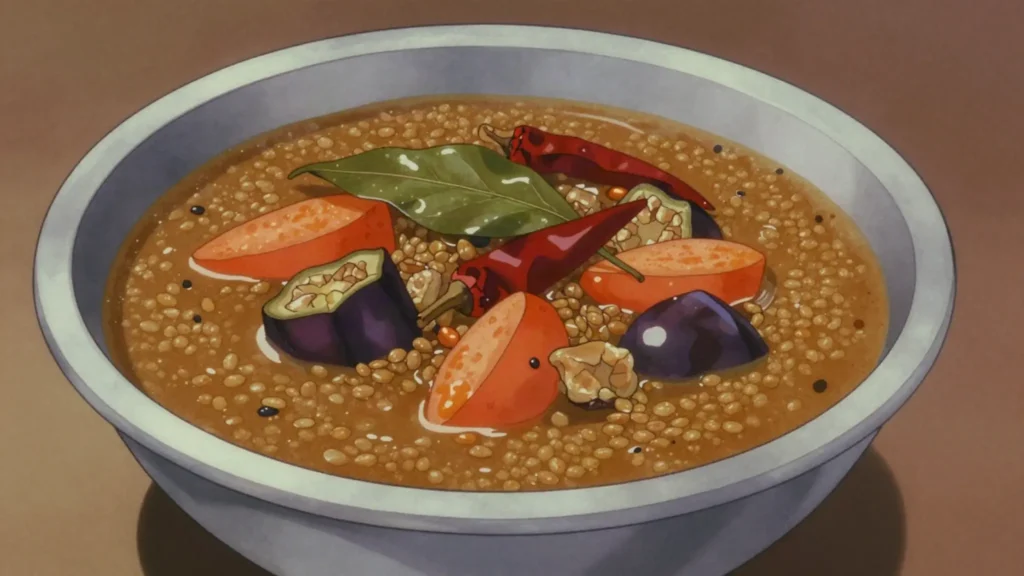 Sambar, tangy tamarind-lentil stew with vegetables, South Indian staple, India soup & stew, anime style