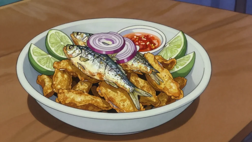 Sambaza, crispy fried Lake Kivu silver fish with chili, Rwanda snack, anime style