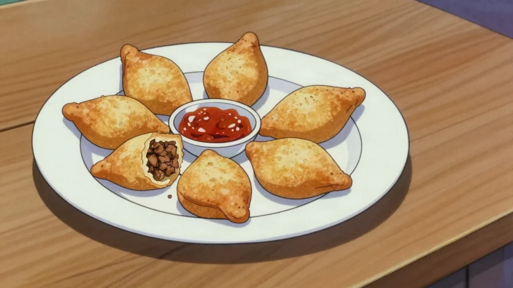 Sambos, small triangular fried pastries stuffed with spiced meat or vegetables, Madagascar street food, anime style