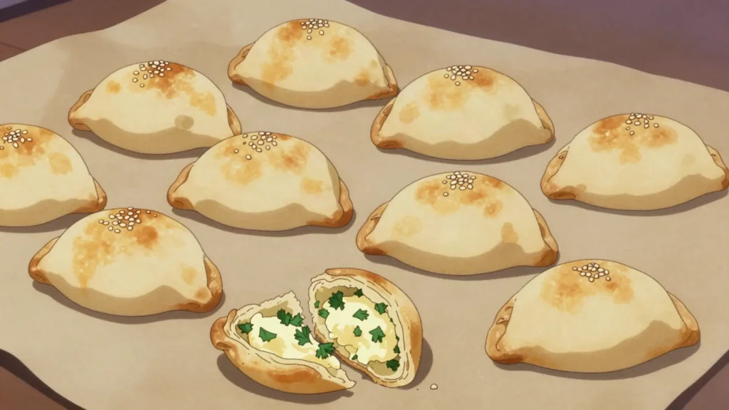 Sambousek, folded pastry triangles filled with cheese, meat or spinach and fried, Egypt snack, anime style