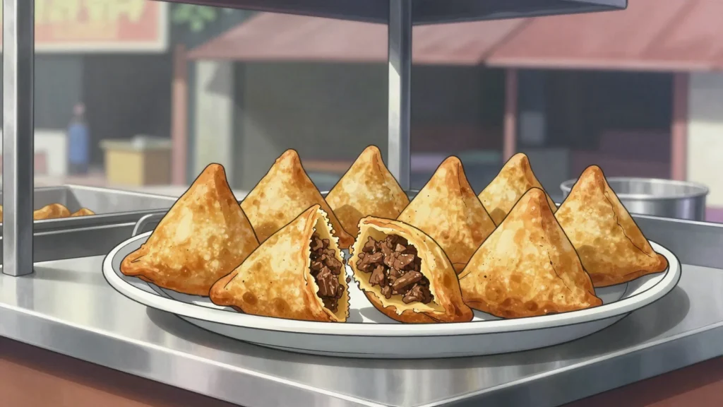 Sambusa, thin triangular pastries filled with spiced meat, cheese or vegetables, fried crisp, Yemen street food, anime style