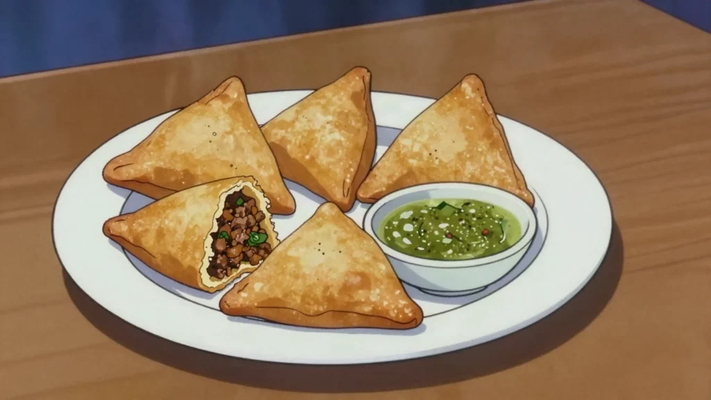Sambuus, crisp samosa filled with spiced minced meat, beloved during Ramadan, Somalia street food, anime style