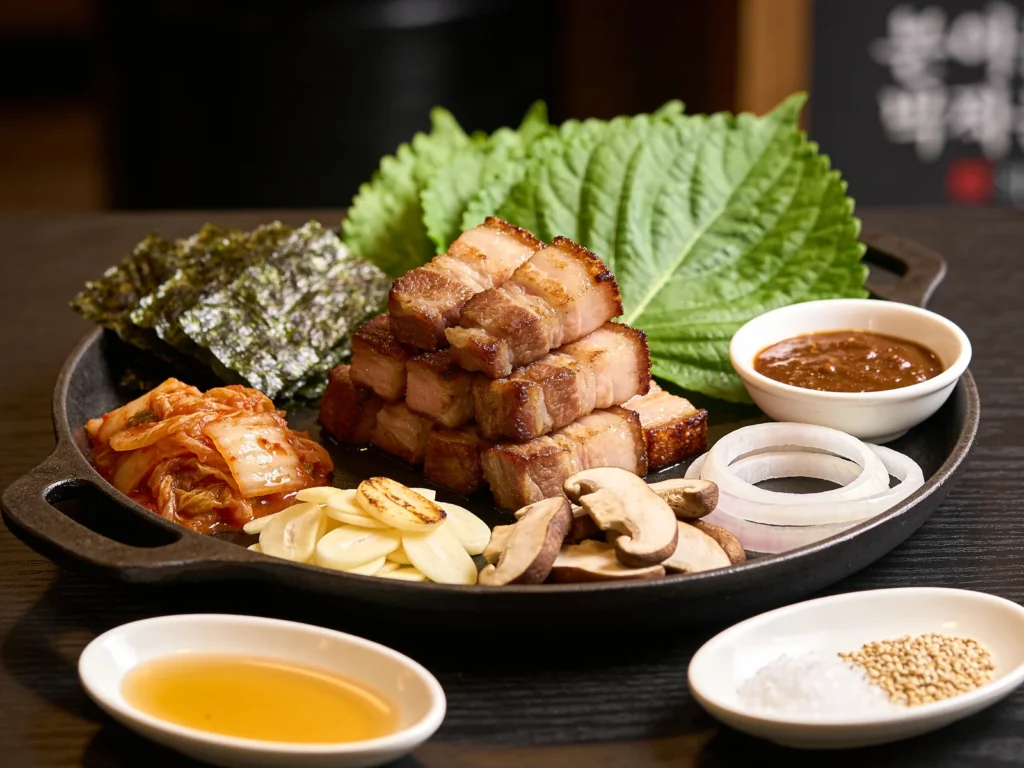 Samgyeopsal, thick pork belly grilled at the table, wrapped in lettuce with ssamjang, South Korea main, anime style