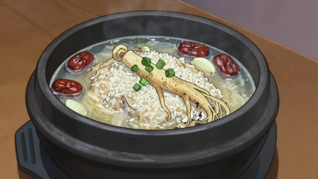 Samgyetang, whole young chicken stuffed with ginseng, garlic and rice, summer, South Korea soup & stew, anime style