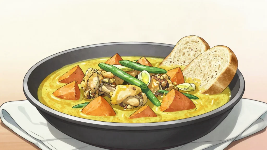 Samlor Kari, mild coconut curry of chicken and sweet potato scented with lemongrass and, Cambodia soup & stew, anime style