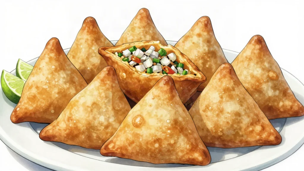 Samoussa, small crisp triangles of pastry filled with spiced potato or fish, Mauritius street food, anime style