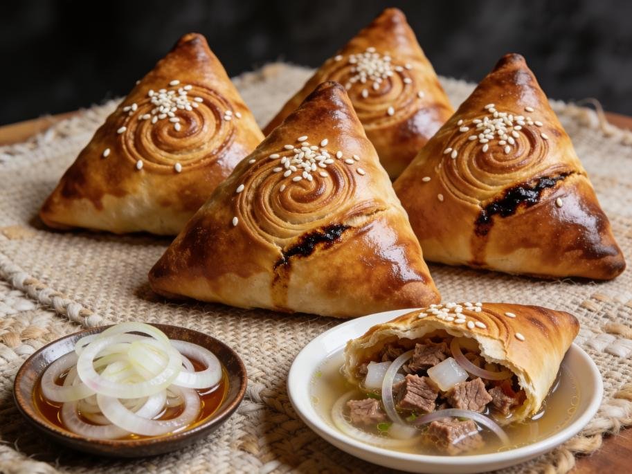 Samsa, baked pastry parcels of minced meat, onion and fat from a tandyr oven, Kazakhstan street food