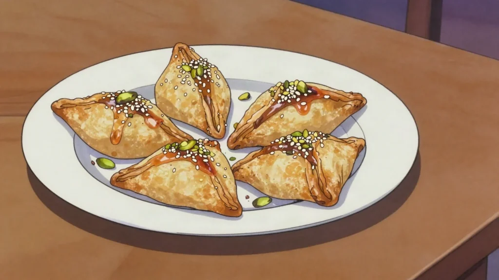 Samsa, layered pastry squares of almond and sesame steeped in rose syrup, Tunisia dessert, anime style